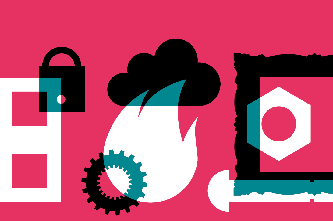 Captives graphic with pink background and black lock, clouds and machinery and white fire Captives graphic with pink background and black lock, clouds and machinery and white fire