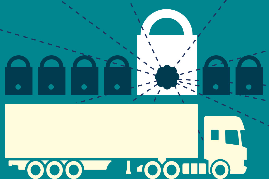 Virtual locks preventing cargo theft on a blue background with yellow truck and blue locks Virtual locks preventing cargo theft on a blue background with yellow truck and blue locks