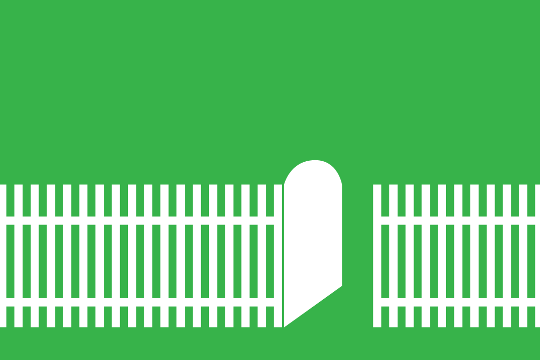 A white door with white fencing opening on a green background A white door with white fencing opening on a green background