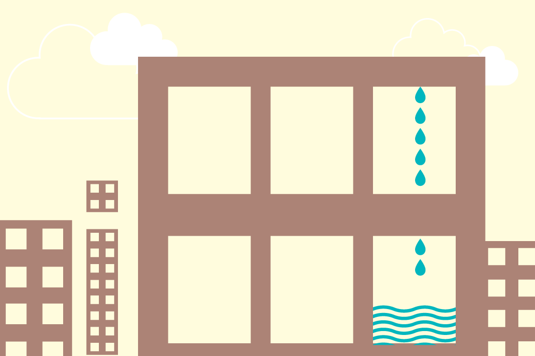 Water damage risk graphic with water drops dripping in blue against a yellow background Water damage risk graphic with water drops dripping in blue against a yellow background