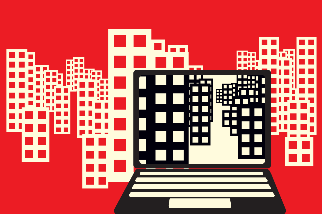 Laptop screen displaying buildings in black on a background of buildings on red Laptop screen displaying buildings in black on a background of buildings on red