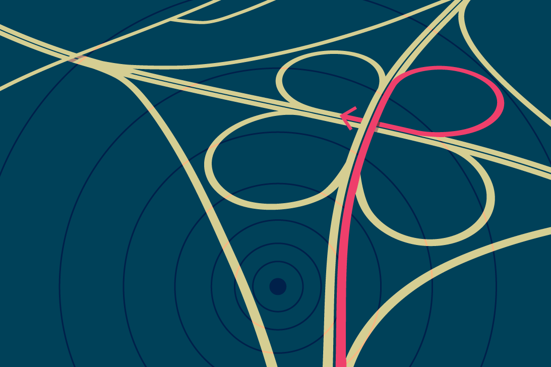 Navigation routes in yellow and pink on a blue background