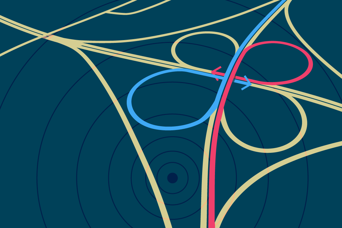Navigation routes in yellow, blue and pink on a blue background
