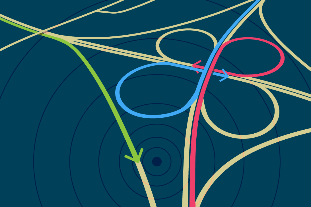 Navigation routes in green, yellow, blue and pink on a blue background