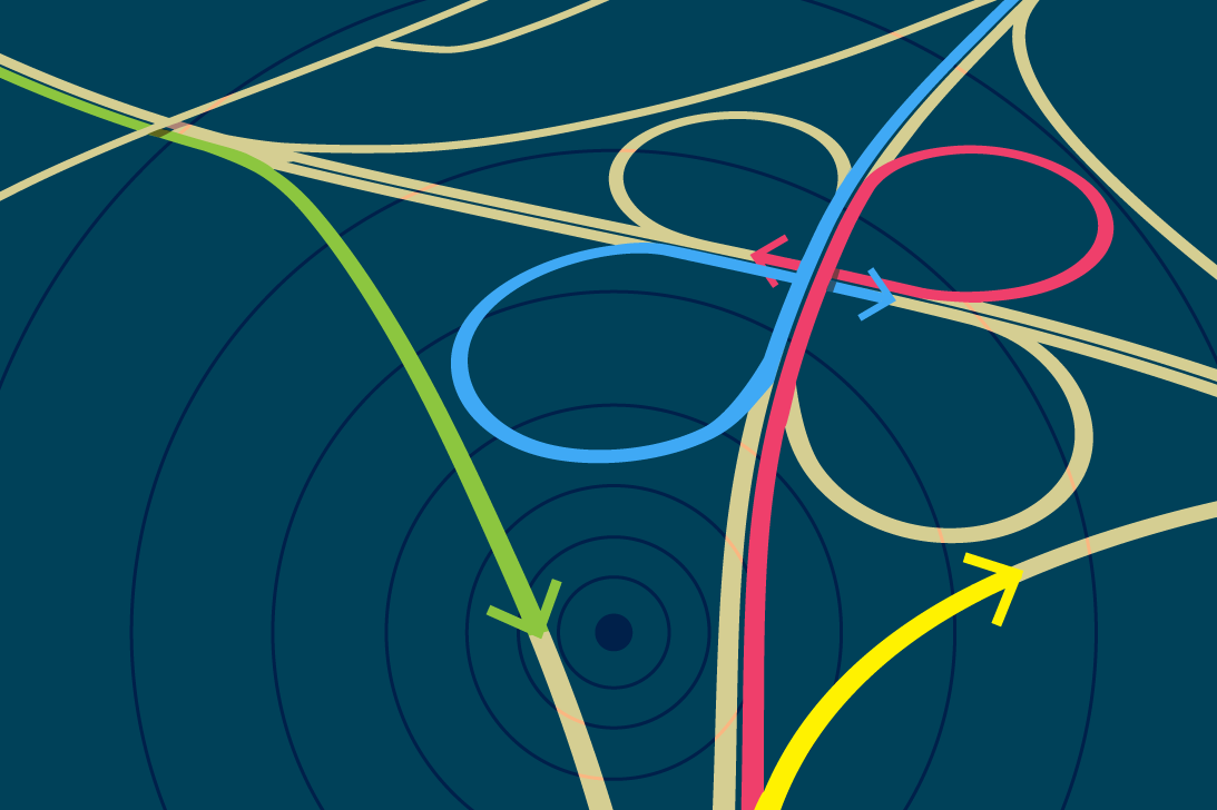 Navigation routes in green, yellow, blue and pink on a blue background