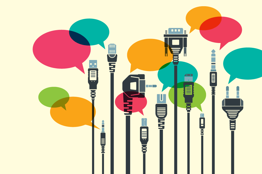 Various USB cables with colorful text clouds on a yellow background Various USB cables with colorful text clouds on a yellow background
