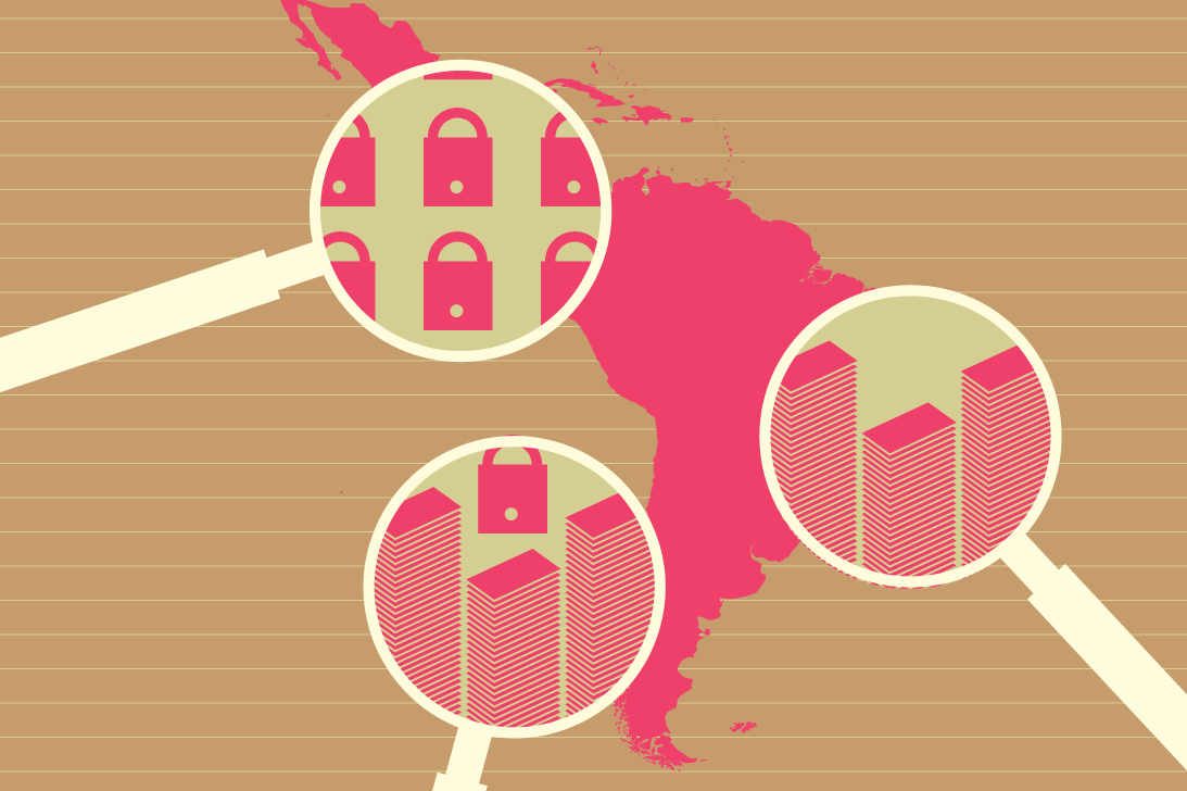 Magnifying glasses focusing on buildings, security in Latin America in pink on a yellow background graphic