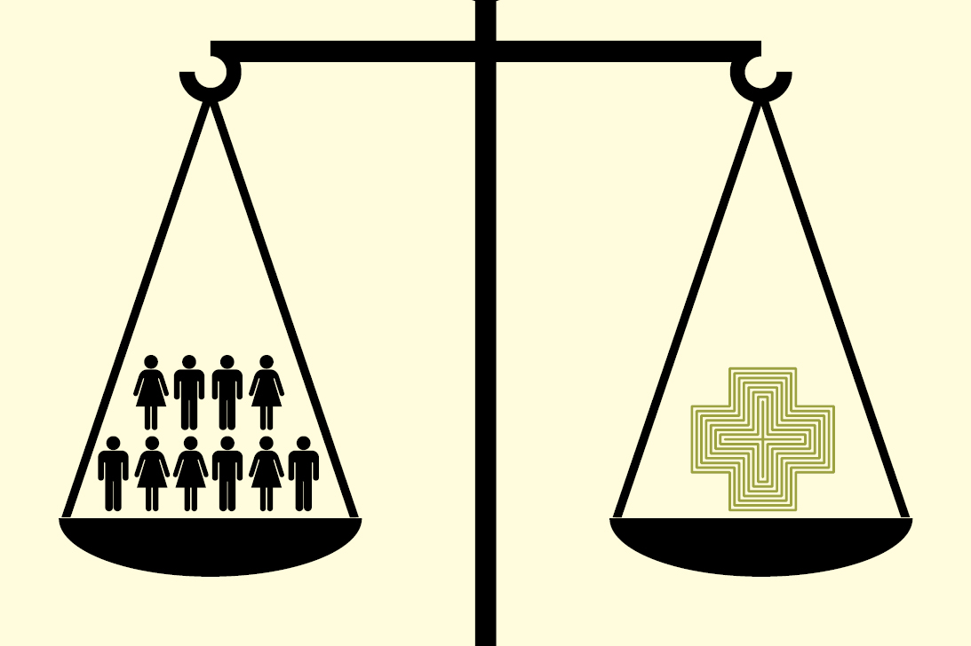 A weighing balance with people on one side and healthcare on the other graphic