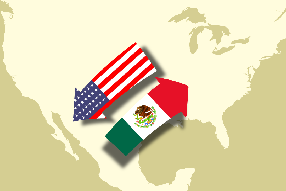 Mexican US flags imprinted on arrows on the background of a map Mexican US flags imprinted on arrows on the background of a map