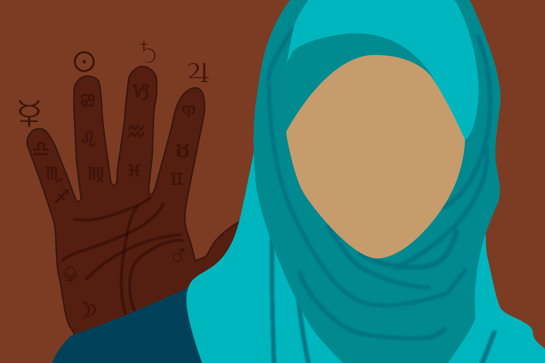 A woman in hijab with a hand at the back A woman in hijab with a hand at the back