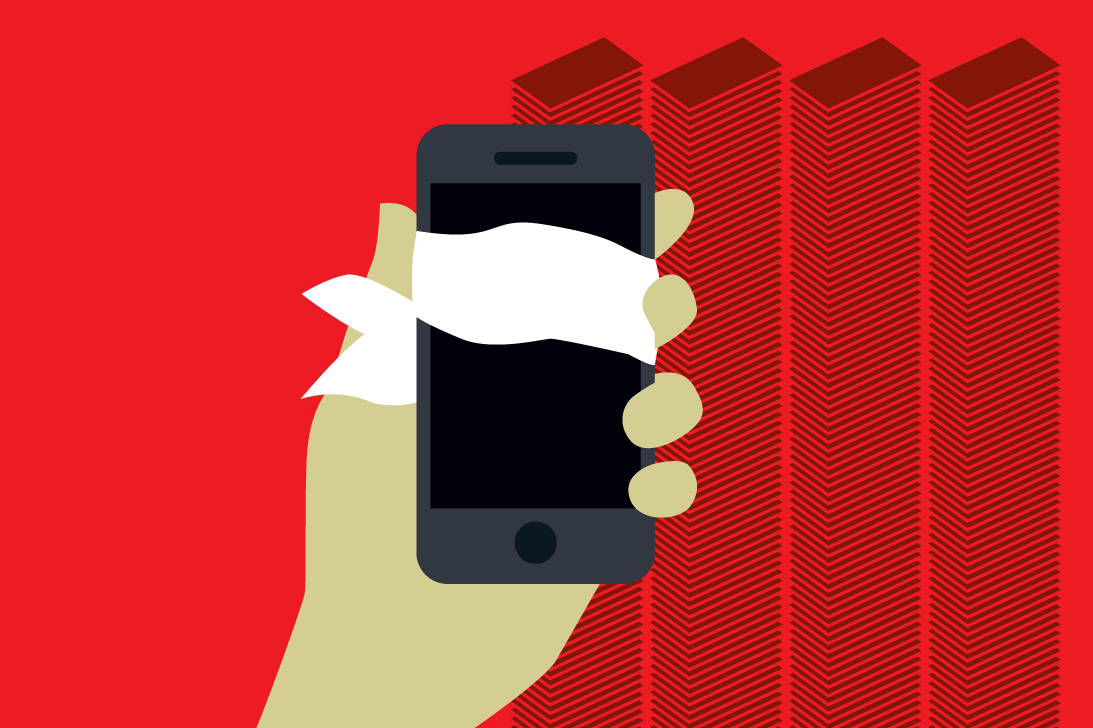 A phone wrapped in white held in a hand