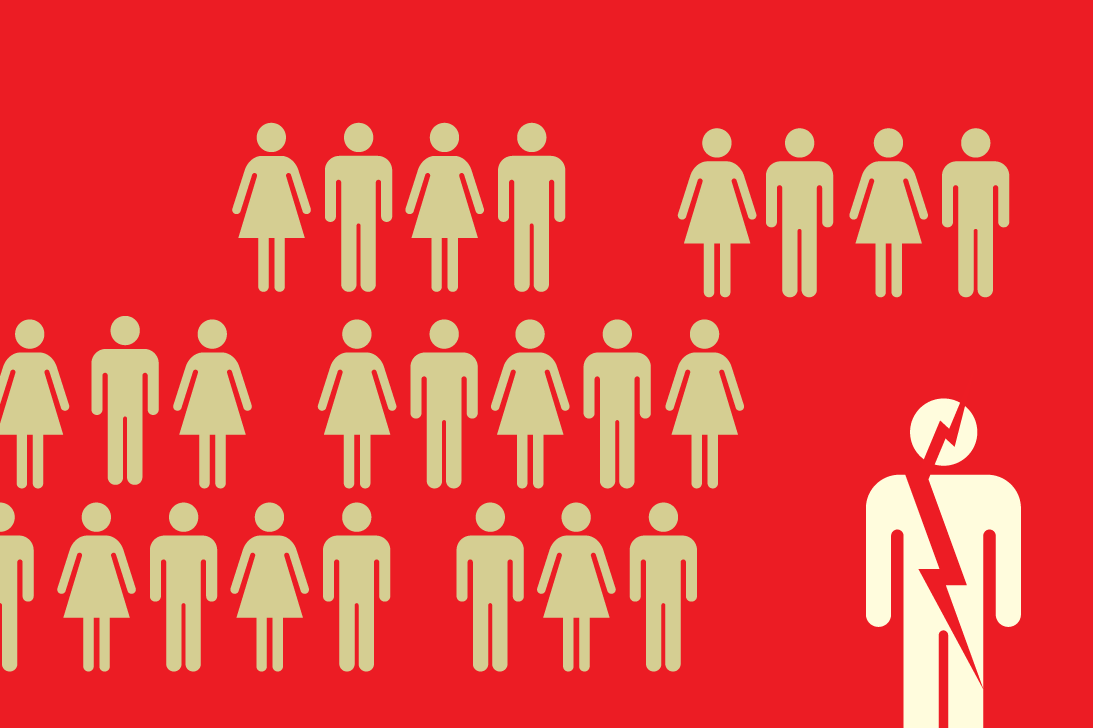 A graphic showing human figures as workforce in rows with one figure distorted on a red background A graphic showing human figures as workforce in rows with one figure distorted on a red background