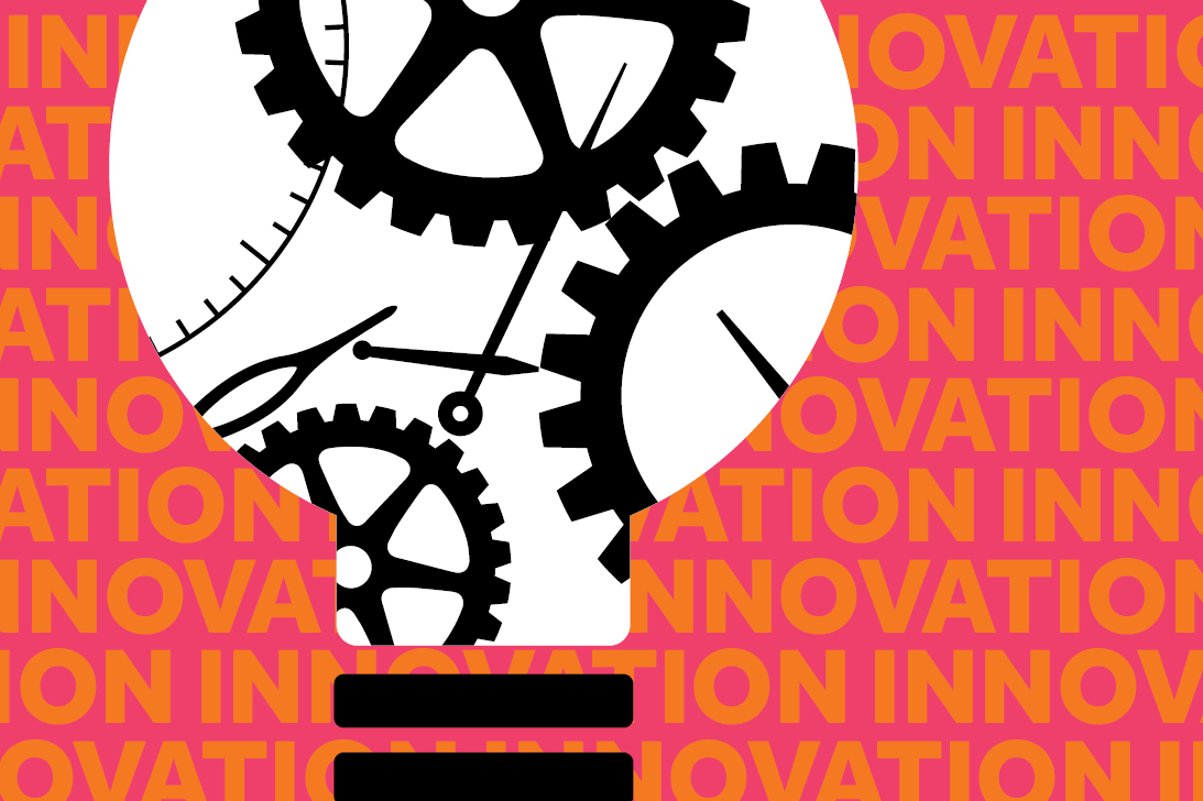 A white bulb with parts of machinery in it on orange background