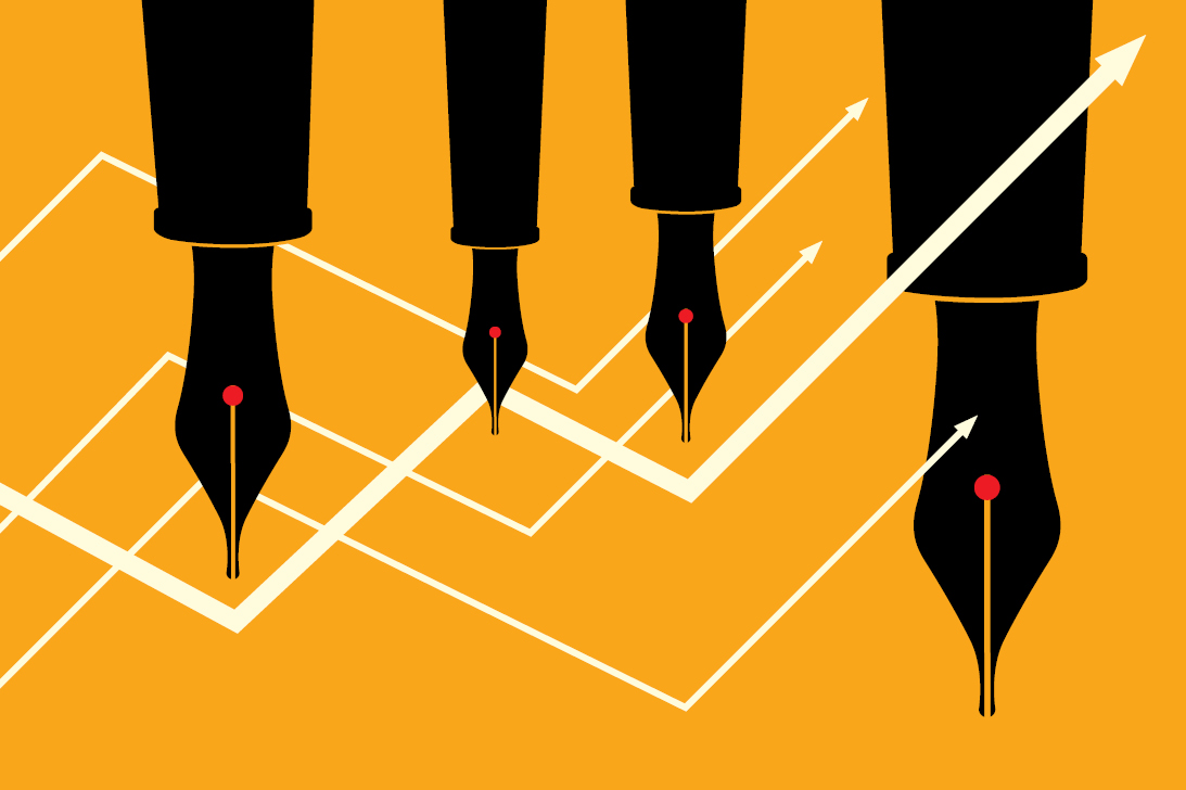 Four fountain pens writing on a yellow graphic with white arrows