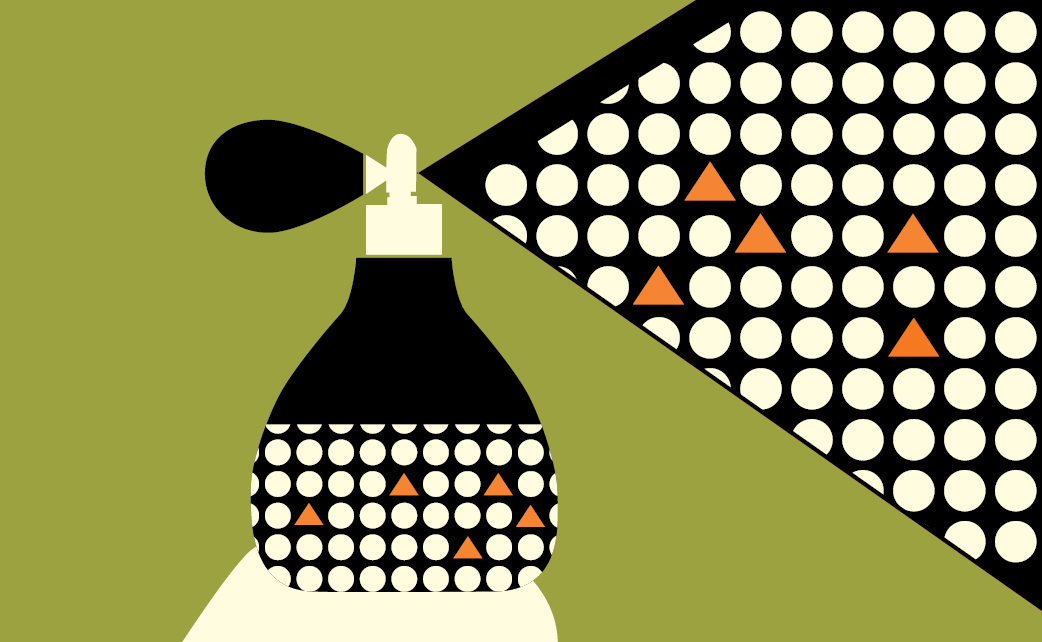 A perfume bottle spraying its fragrance in white and orange on a green background A perfume bottle spraying its fragrance in white and orange on a green background