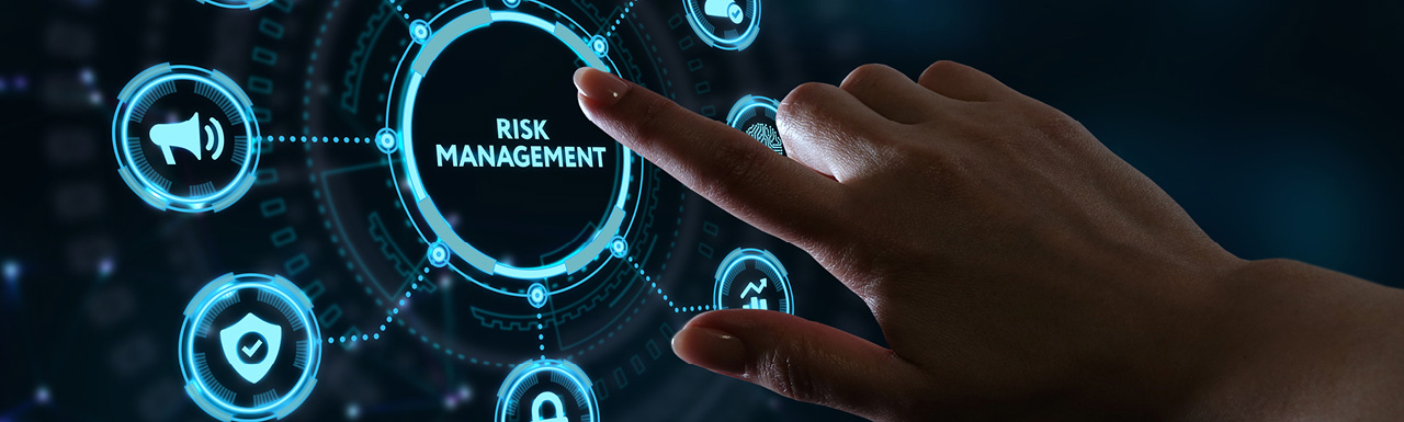 A touch computer screen with Risk Management in the center in blue and icons around