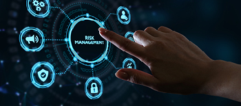 A touch computer screen with Risk Management in the center in blue and icons around A touch computer screen with Risk Management in the center in blue and icons around