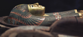 An Egyptian statue lying in the dark