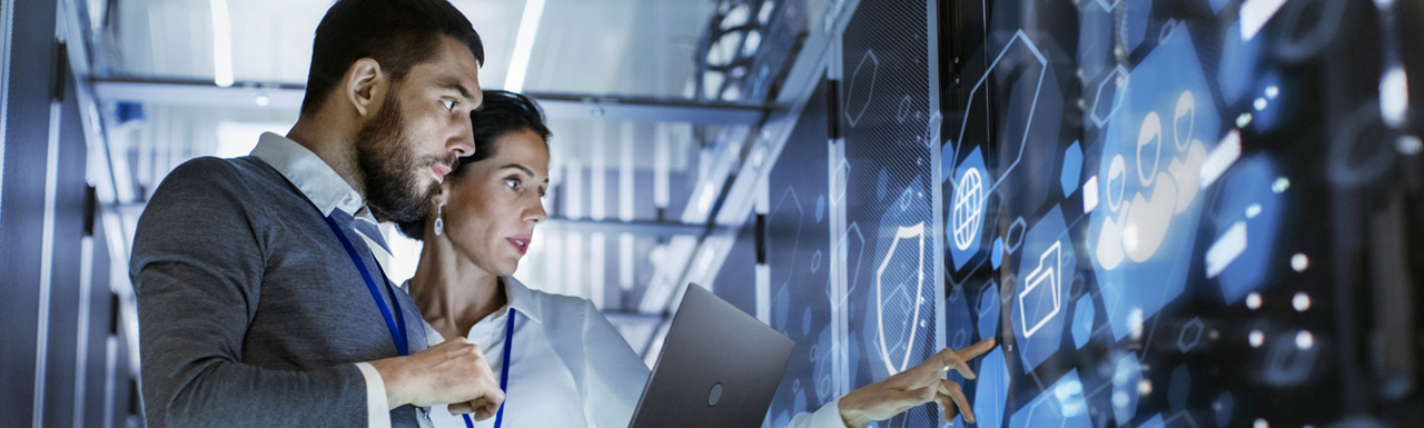 Cyber Man Woman Pointing at Digital Screen Technology