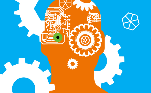 A human head surrounded by parts of machinery graphic A human head surrounded by parts of machinery graphic